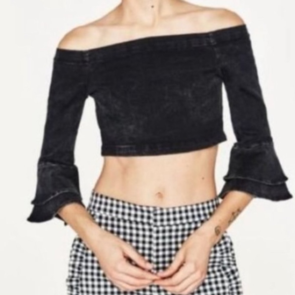 Zara Black Denim Off Shoulder Crop Top Size S